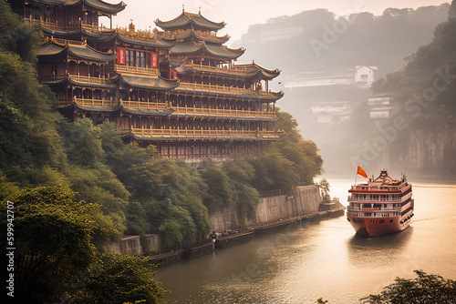 Cruise ship sailing along the River, the beauty of Chinese architecture and culture. Generative AI