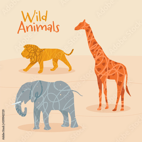 set of wild animals: elephant, giraffe and lion