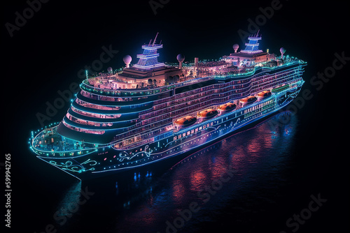 A panoramic aerial view of a cruise ship at night, featuring smart services. Generative AI