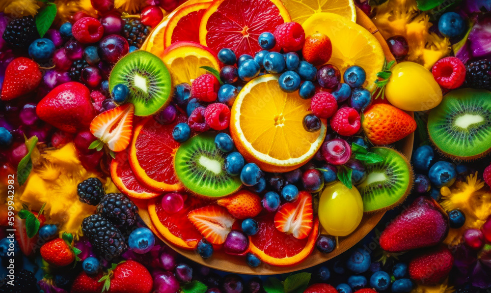 Plate of fruit with number of different fruits on top of it. Generative AI.