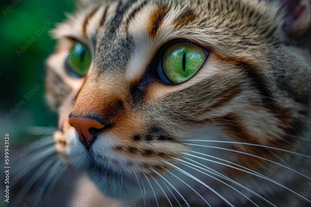 Close up of cat's face with green eyed cat in the background. Generative AI.