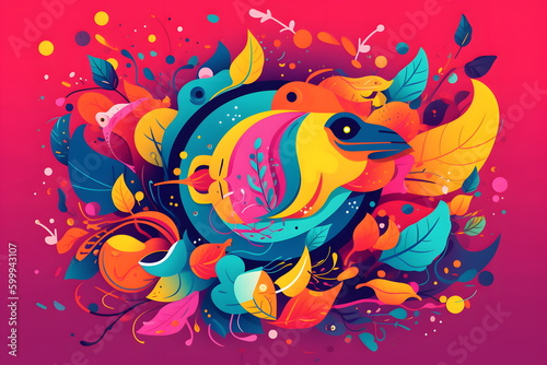 Image of colorful fish surrounded by leaves and flowers on pink background. Generative AI.