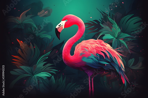 Pink flamingo standing in the middle of forest of palm trees. Generative AI.