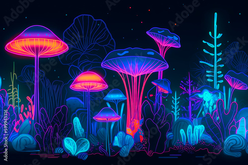 Image of many different types of mushrooms in dark blue night sky. Generative AI.
