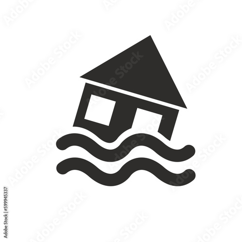 flood icon, private house and water waves, flat vector illustration