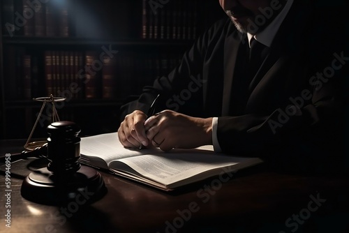 Judge with gavel sitting in courtroom, signing documents. Justice and law concept. Generative AI