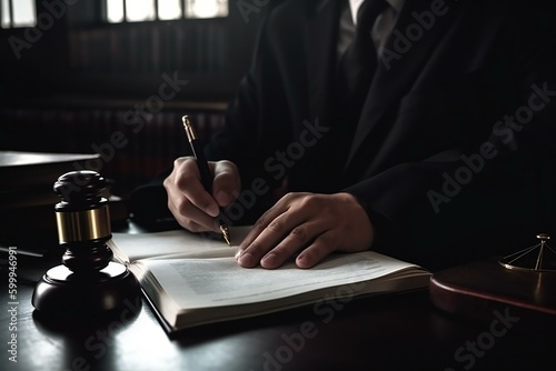 Judge with gavel sitting in courtroom, signing documents. Justice and law concept. Generative AI