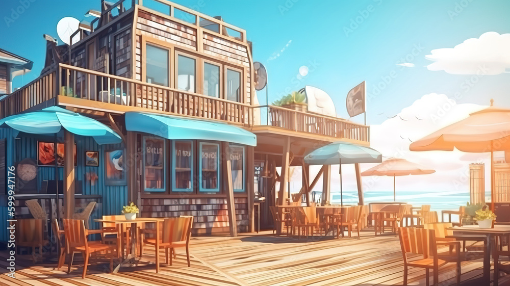 Beach bar and cafe with a terrace on the sea coast in summer. Generative Ai