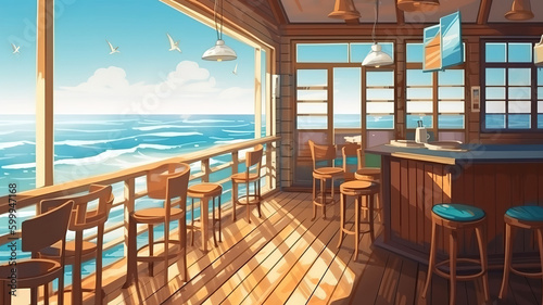 Wooden furniture and interior of a resort restaurant on the beach. Generative Ai