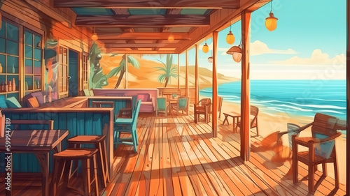 Beach bar and cafe with a terrace on the sea coast in summer. Generative Ai