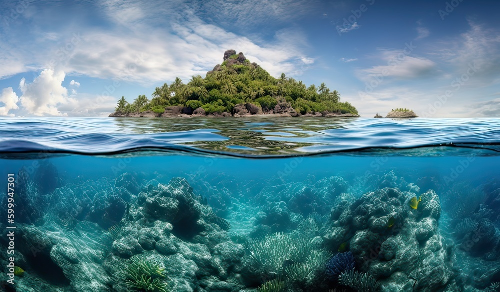 Tropical Island And Coral Reef - Split View With Waterline. Beautiful underwater view of lone small island above and below the water surface in turquoise waters of tropical ocean. Generative Ai. Tropical Island And Coral Reef - Split View With Waterline. Beautiful underwater view of lone small island above and below the water surface in turquoise waters of tropical ocean. Generative Ai.