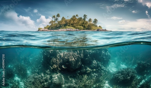 Tropical Island And Coral Reef - Split View With Waterline. Beautiful underwater view of lone small island above and below the water surface in turquoise waters of tropical ocean. Generative Ai.