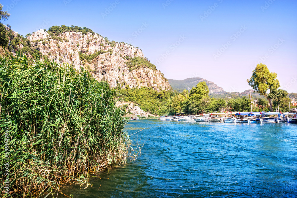 Boat on the Dalyan River, Lycian Tombs, Mediterranean Sea, Marmaris, Turkey