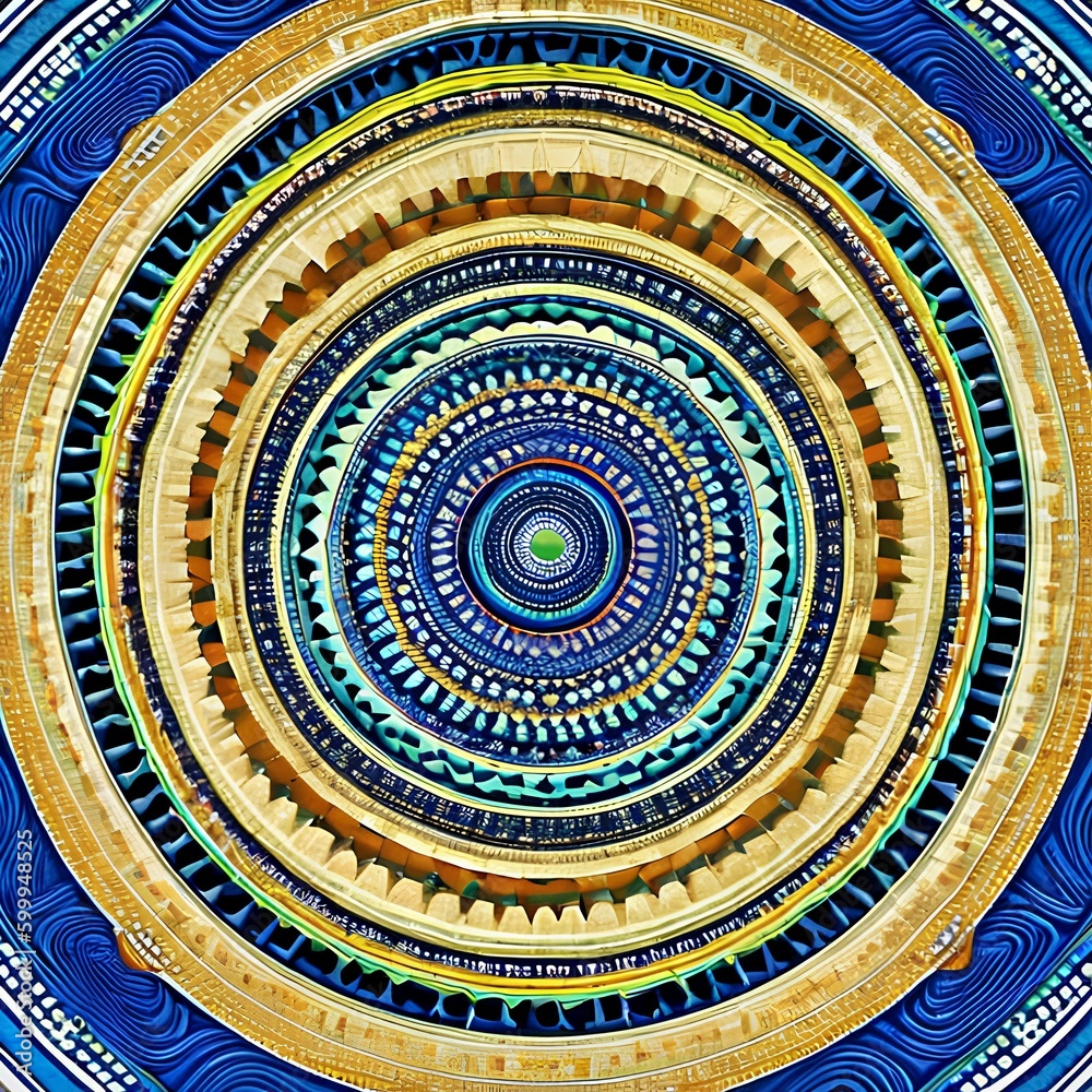A mandala with intricate concentric circles and triangles in shades of blue and green1, Generative AI