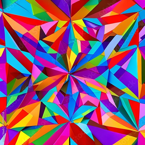 A kaleidoscopic design with overlapping triangles in rainbow colors3  Generative AI