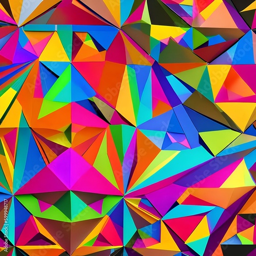 A kaleidoscopic design with overlapping triangles in rainbow colors4, Generative AI