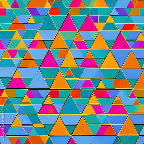 A repeating pattern of triangles in shades of pink, blue, and yellow1, Generative AI photo