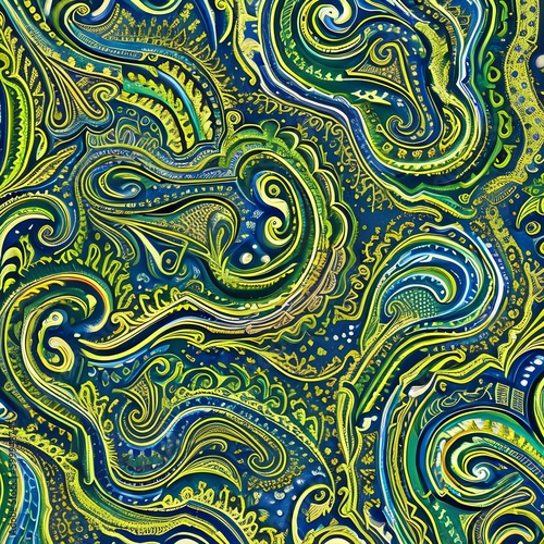 A swirling, paisley-like pattern in shades of green and blue4, Generative AI