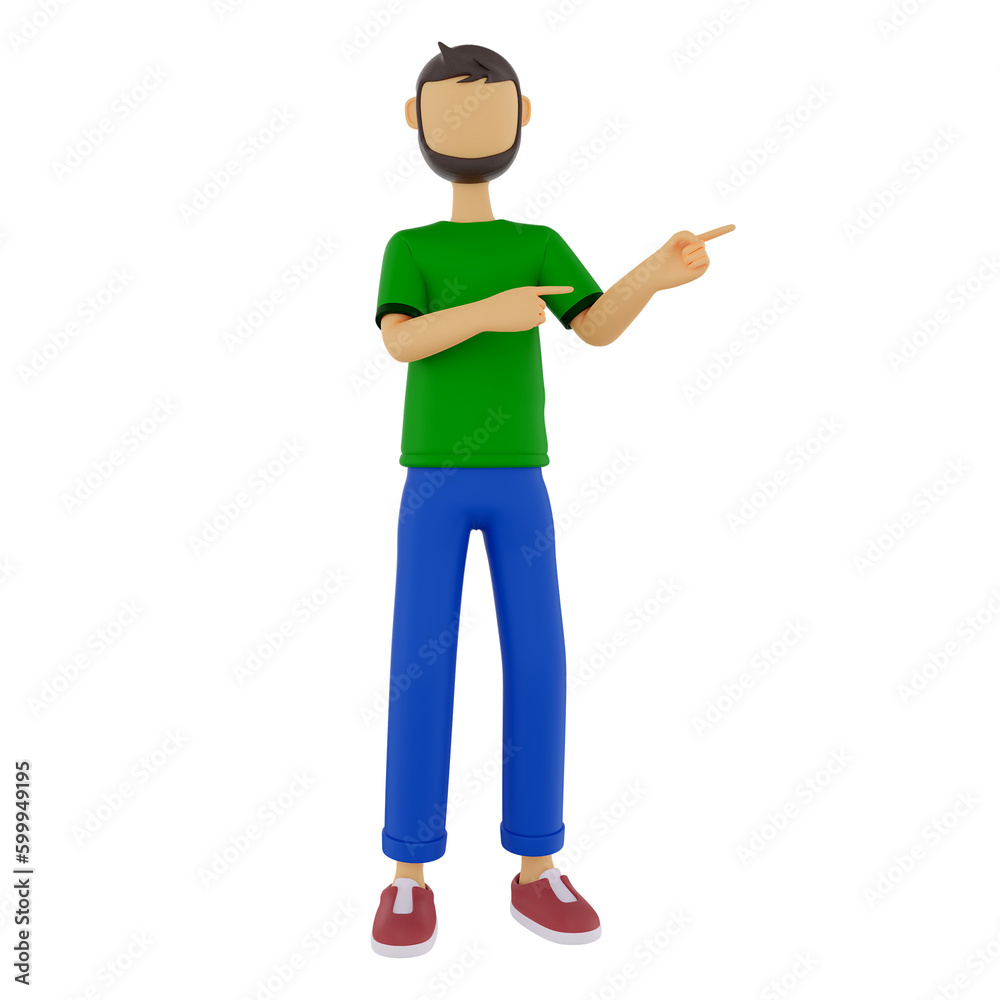 3d male character pointing next to him