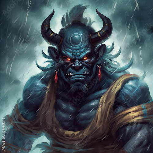A strong blue oni demon with black horns Generative Ai