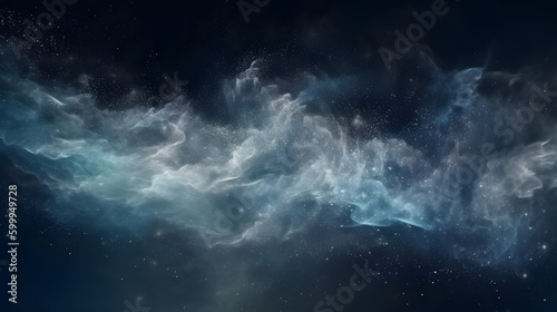 Glitter mist. Magic spell. Blue silver gray color gradient shiny smoke veil wave on starry night sky. IA g  n  rative.