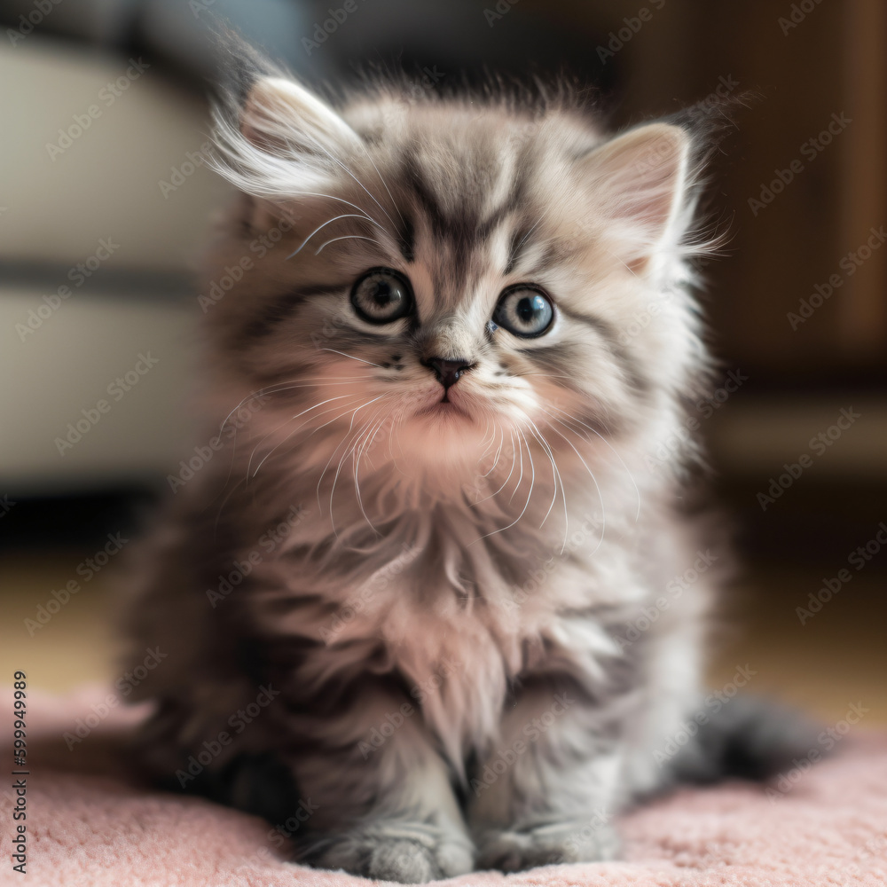 A small fluffy kitten sitting on top of a pink blanket Generative Ai