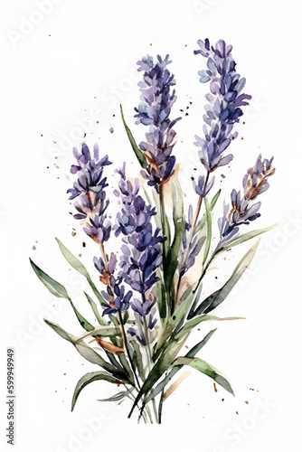 Bunch of lavender, watercolor, white background. ai