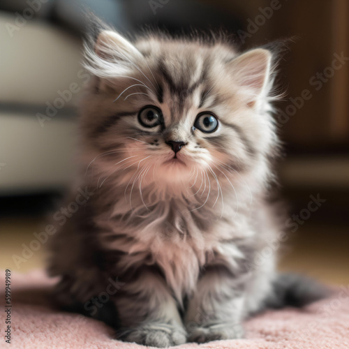 A small fluffy kitten sitting on top of a pink blanket Generative Ai