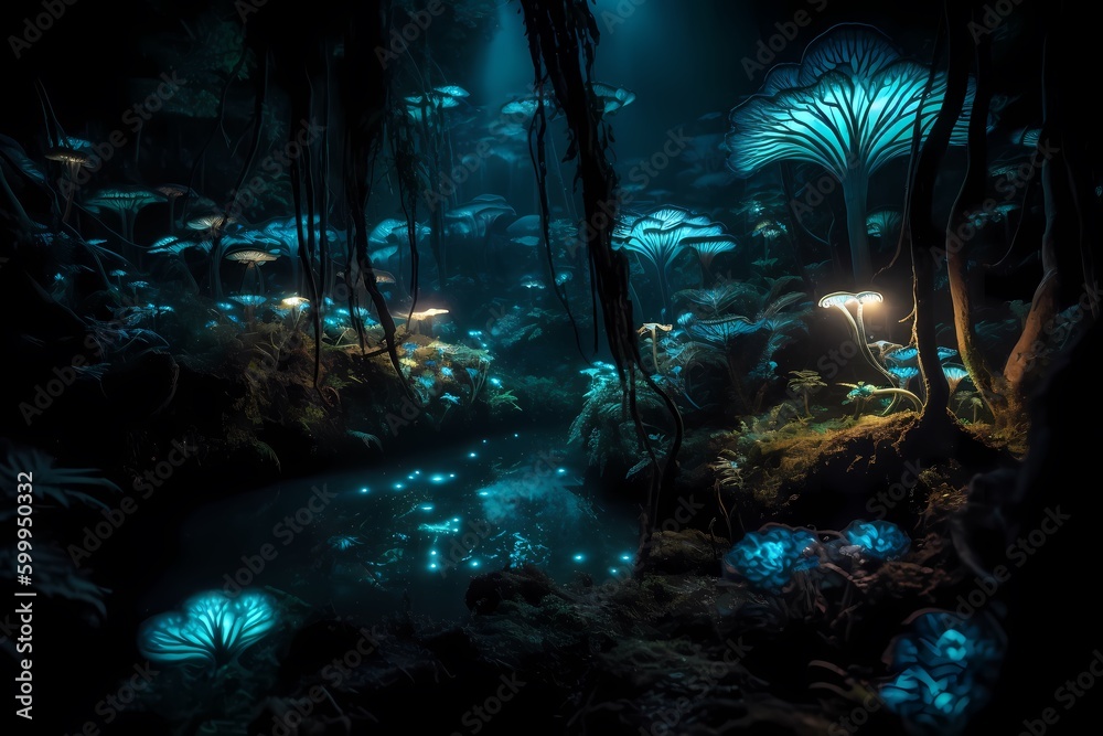 A magical forest filled with bioluminescent light plants and creatures. Game level design concept. Generative ai.