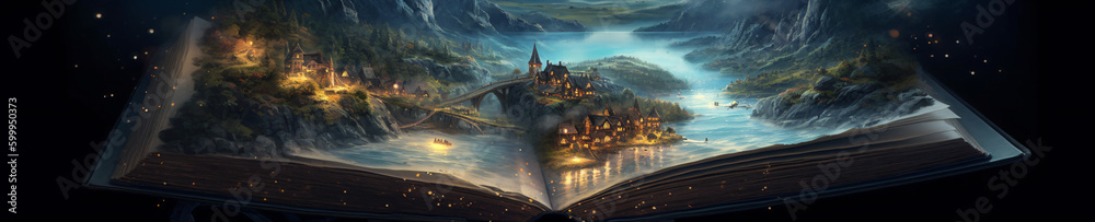 Fantasy world in a book, reading as a portal to imagination, high fantasy, magical, generative AI
