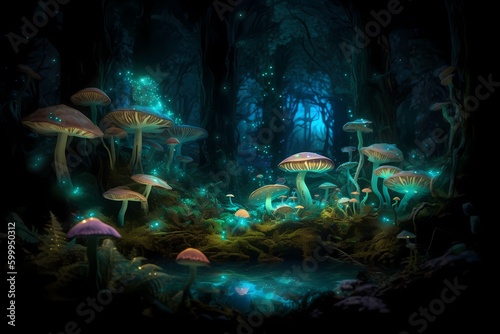 A magical forest filled with bioluminescent light plants and creatures. Game level design concept. Generative ai.