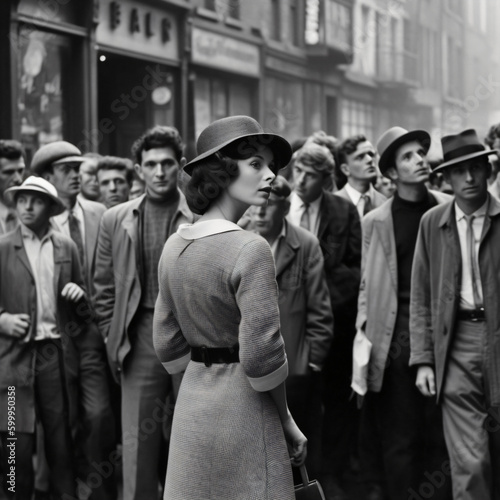 A black and white photo of a woman standing in front of a crowd of people Generative Ai