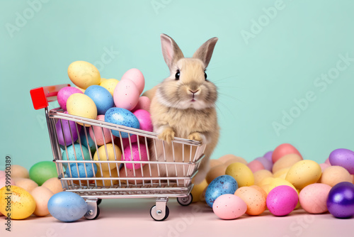 Cute bunny in a shopping cart with easter eggs, generative AI