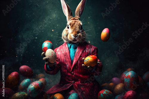 Easter bunny in business suit juggling easter eggs, generative AI