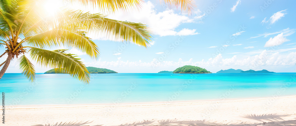 Fototapeta premium Paradise beach of a tropical island, palm trees, white sand, azure water. Famous stone beach in the Seychelles. Generative AI.