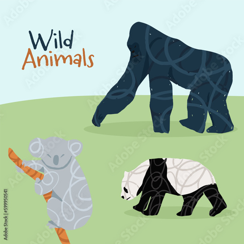 set of wild animals: gorilla, koala, panda