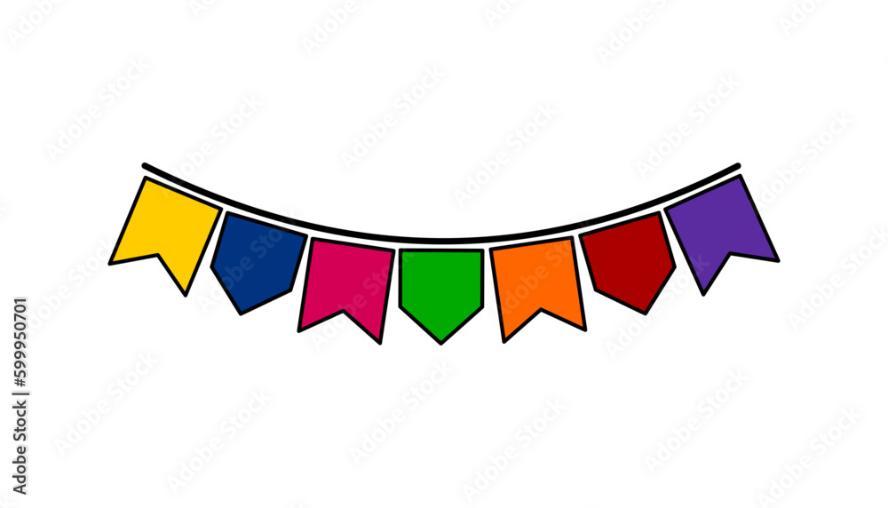 Bandeiras coloridas para festa junina, julina, São João. Decoração típica de festa regional, cultural brasileira. Vetor com cores e traços editáveis.