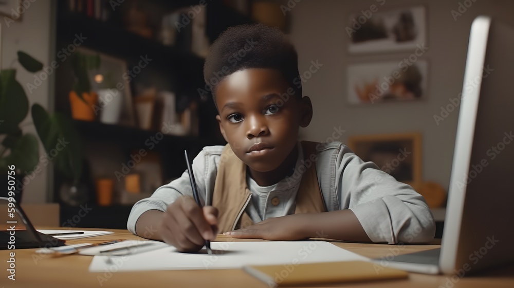 Black boy student video conference e-learning with teacher and classmates on computer in living room at home. Homeschooling and distance learning. Generative Ai.