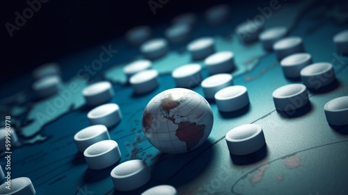 Narcotic drugs, pills lie on the world map. The international fight against the trade and distribution of narcotic drugs. Generative AI. photo