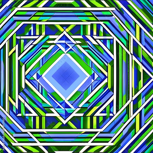 An optical illusion design with overlapping squares in shades of green and blue1, Generative AI photo