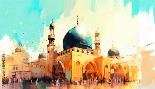 Canvastavla water color painting Arabic Islamic Typography design Mawlid al-Nabawai al-Sharif greeting card with dome and minaret of the Prophet's Mosque