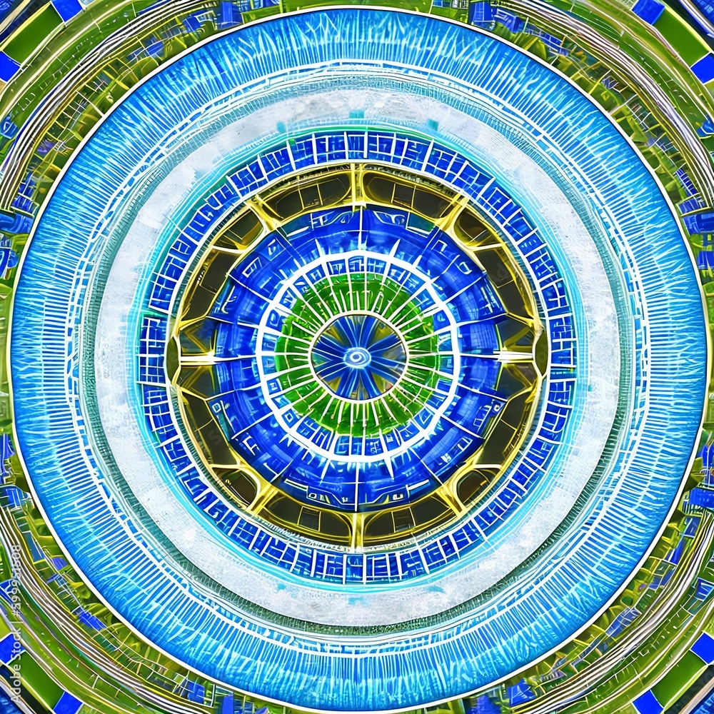 A circular design with intricate interlocking shapes in shades of blue and green4, Generative AI