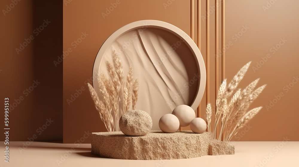 Fototapeta premium Circle wood podium in tropical forest for product presentation. Generative Ai