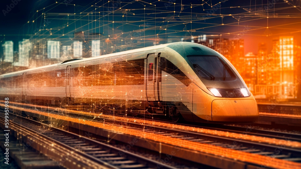 Fototapeta premium The picture of a train on a background of analytics data represents the transportation and logistics industries, highlighting the role of railway transportation in these fields.