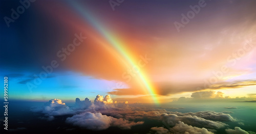 Beautiful rainbow over the clouds at sunset. Generative AI © oksa_studio