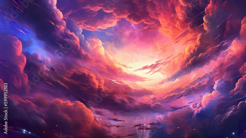 An colorful cloudy space galaxy sky background illustration. A.I. generated.
