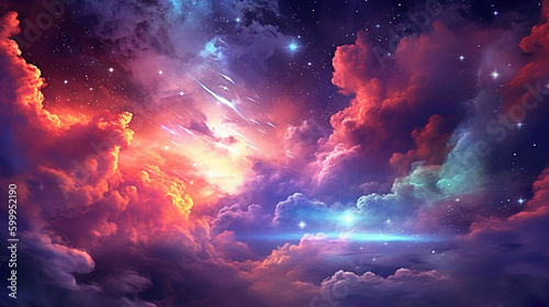 An colorful cloudy space galaxy sky background illustration. A.I. generated.