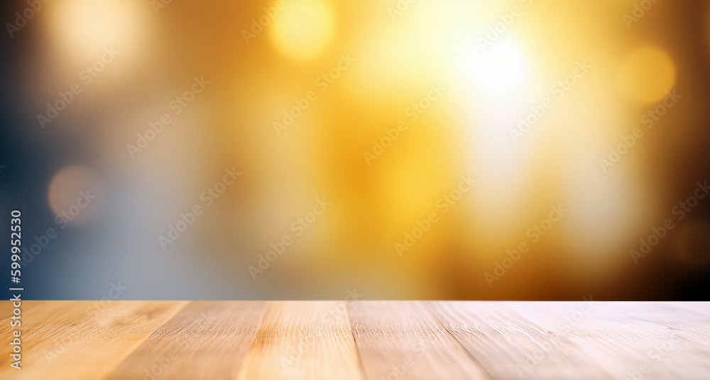 Background of wooden table in front of abstract blurred lights background, Generative AI