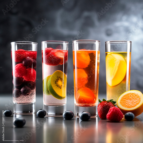  glasses filled with fruit tea in long glass shape, misty with ice, water droplets, round lids of the cups on the side, fruit platter, eady to be enjoyed, hyper detailed photo