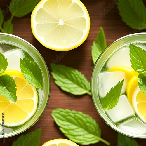 Generative Ai. Seamless tile. Background. View from above. Lemon-mint drink with fresh peppermint leaves and lemon wedges